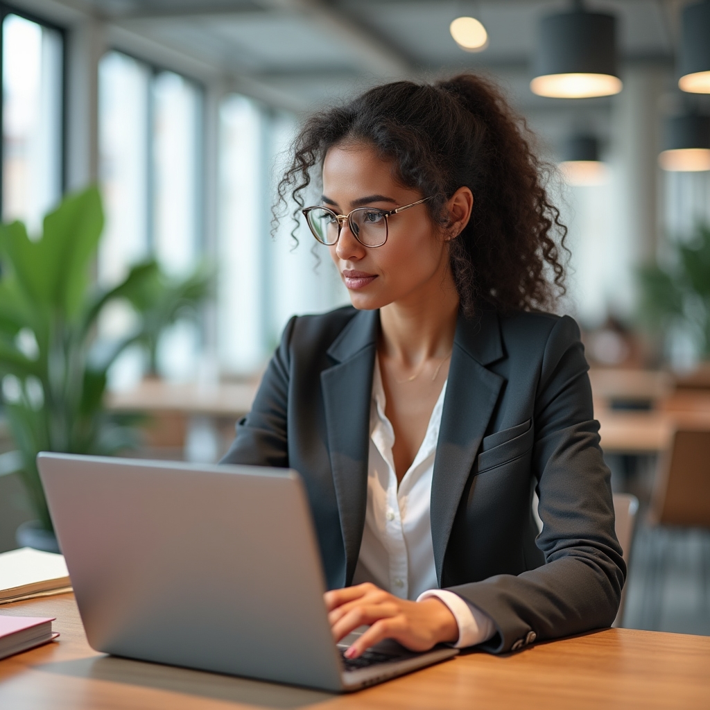 Profesionist român pregătind un post LinkedIn pe laptop într-un spațiu de lucru luminos