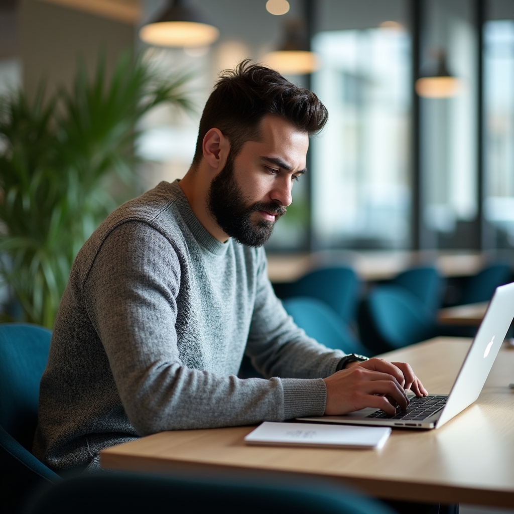 Profesionistă scriind pe laptop urmând o structură de post afișată pe ecran